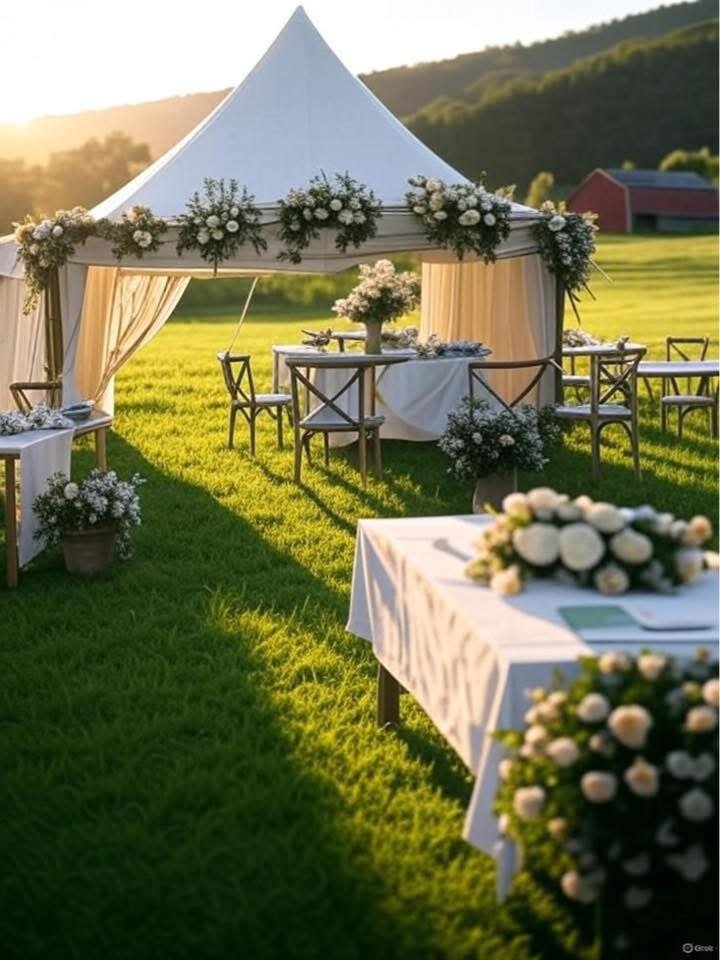 Romantic wedding tent with string lights